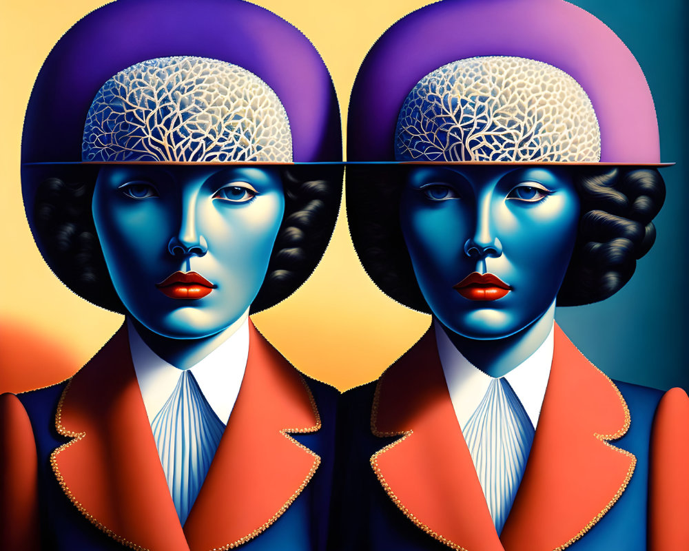 Surreal Artwork of Identical Female Figures with Visible Brains