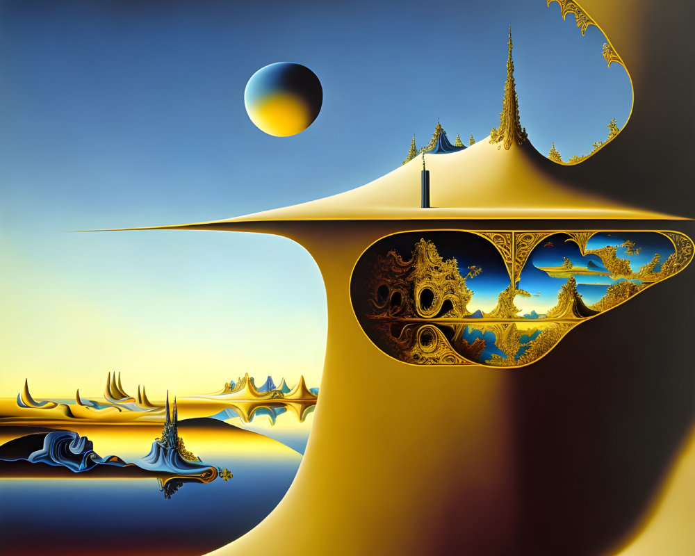 Surreal landscape with vibrant blue and yellow hues and intricate architecture