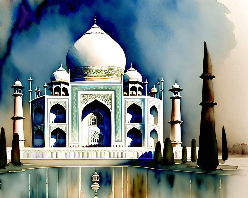 Stylized digital artwork of Taj Mahal with reflective water feature under dreamy blue sky