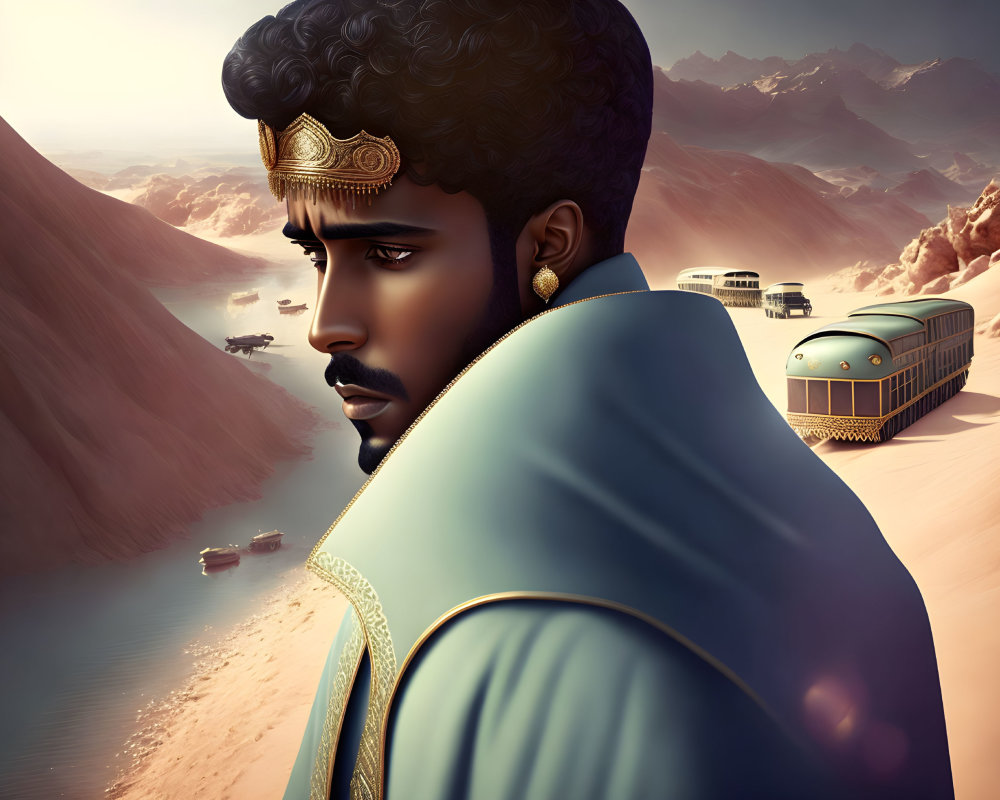 Illustrated man with beard and ornate headgear in futuristic desert landscape