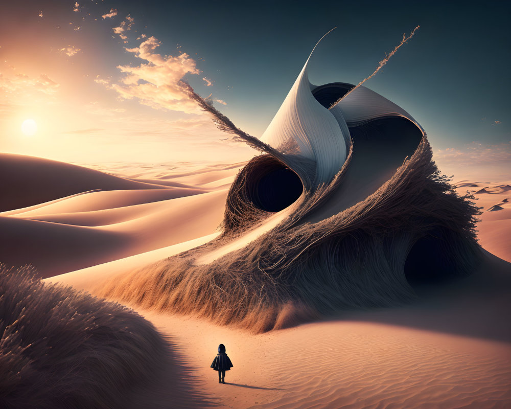 Person standing before surreal curled pages structure in sand dunes at sunset
