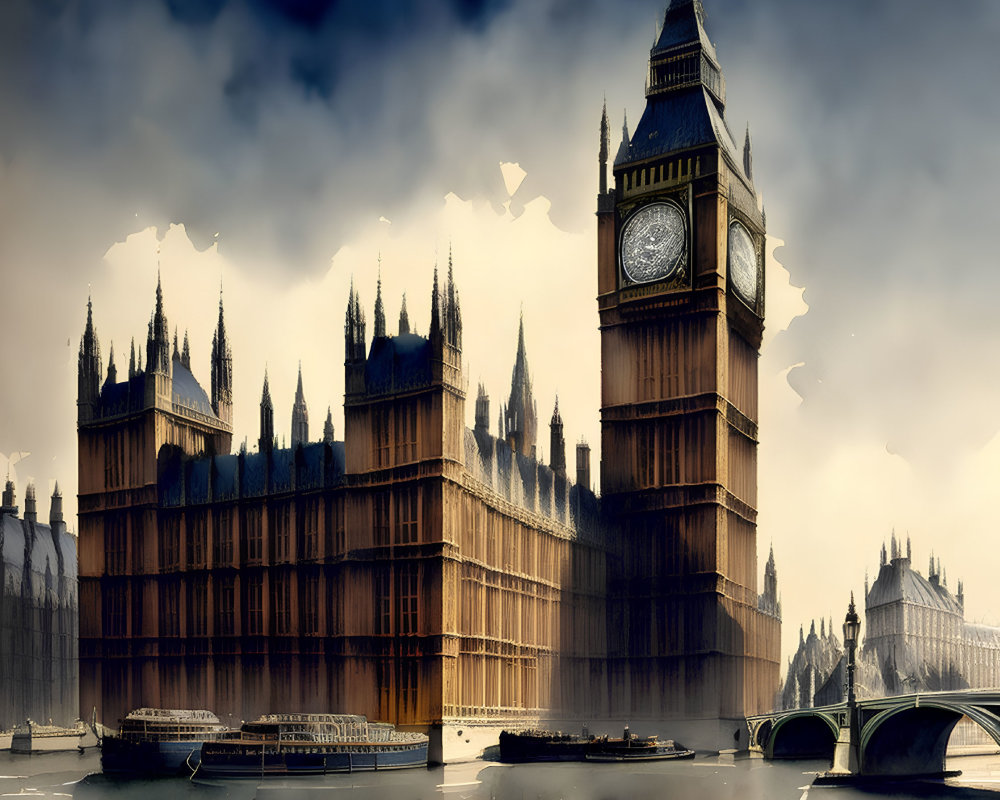 Iconic London skyline with Big Ben, Parliament, and Thames River in dramatic illustration