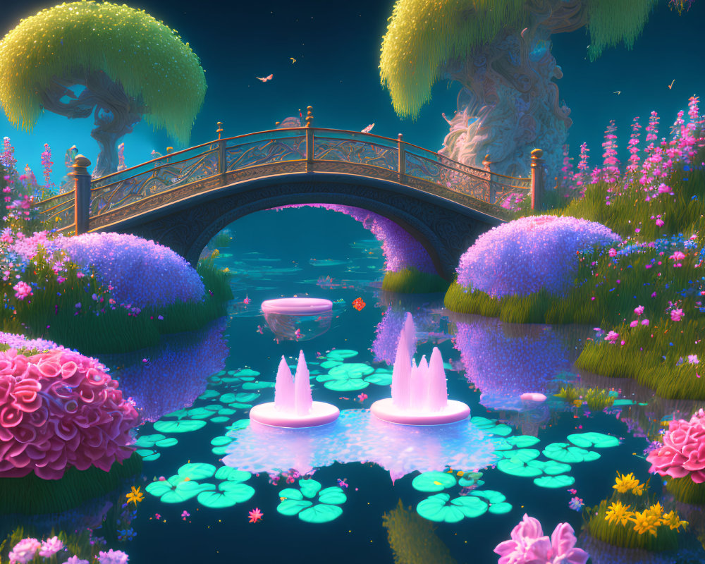 Fantasy landscape with ornate bridge, starry sky, and glowing flora