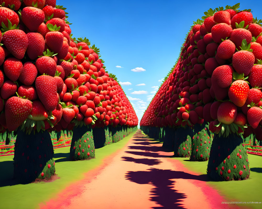 Whimsical landscape featuring trees with large strawberries under a clear blue sky