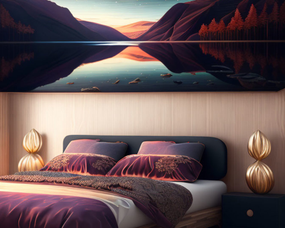 Modern Bedroom with Double Bed, Purple Bedding, Sunset Wall Mural, and Elegant Lamps
