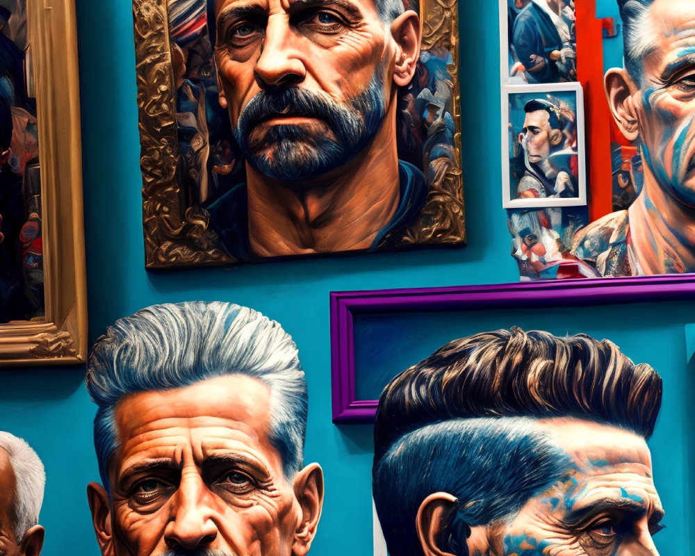 Man with Stylized Hair and Mustache Portraits on Blue Wall