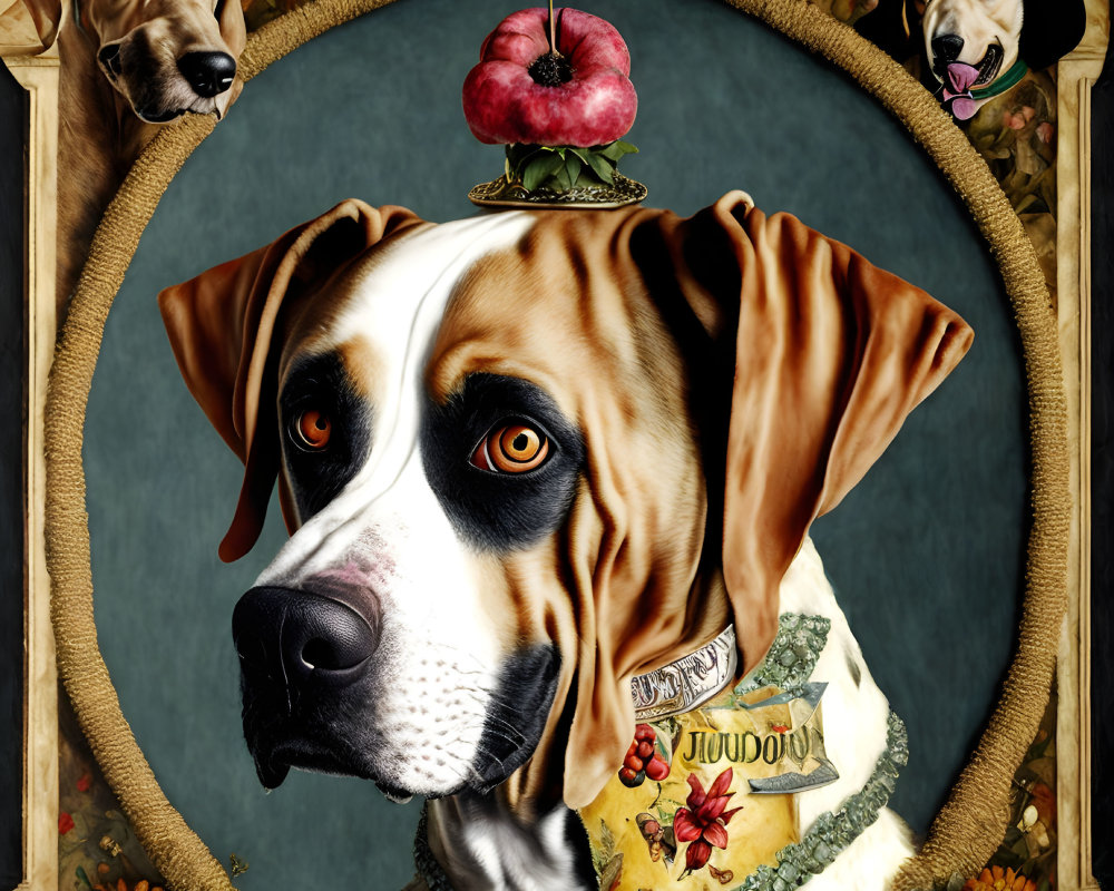Regal dog with fruit hat in ornate frame, surrounded by peeking dogs