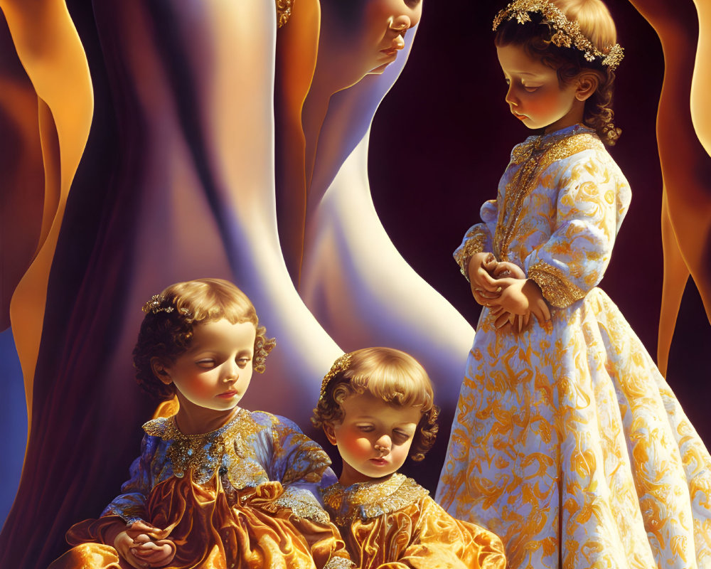 Surreal painting of woman, children in golden robes, mirror, blue dress, intricate patterns