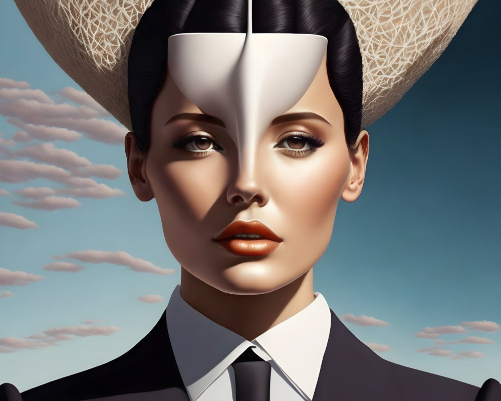 Stylized woman in suit and hat against cloudy sky portrait