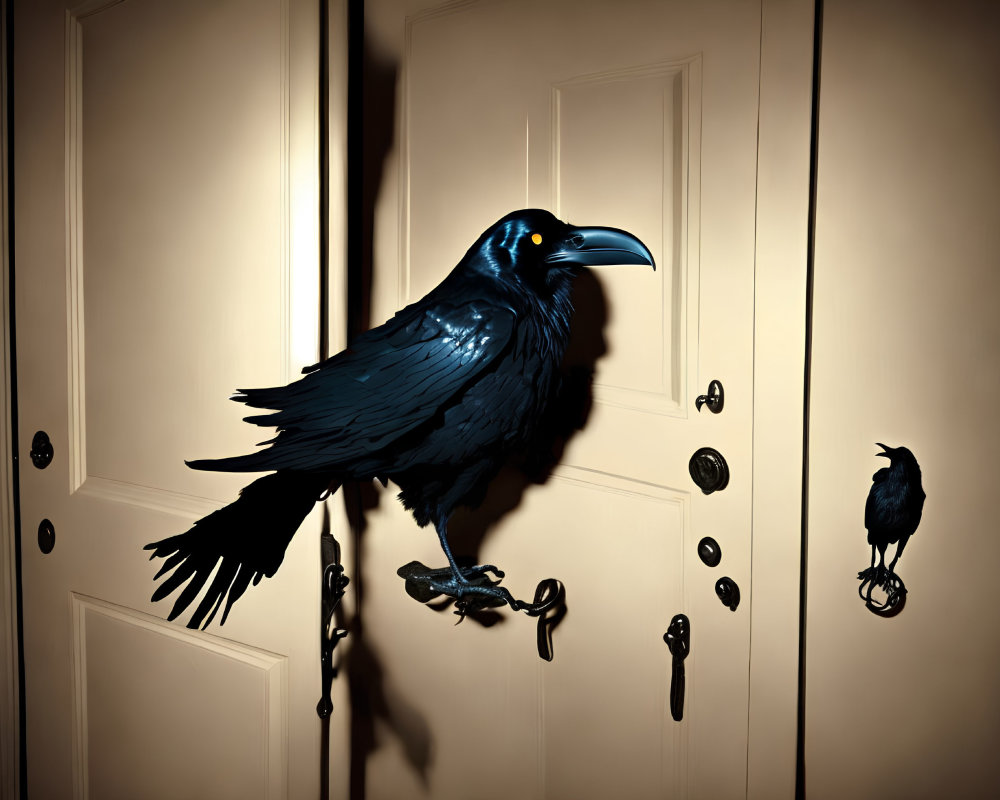 Two ravens casting shadows on light wooden doors