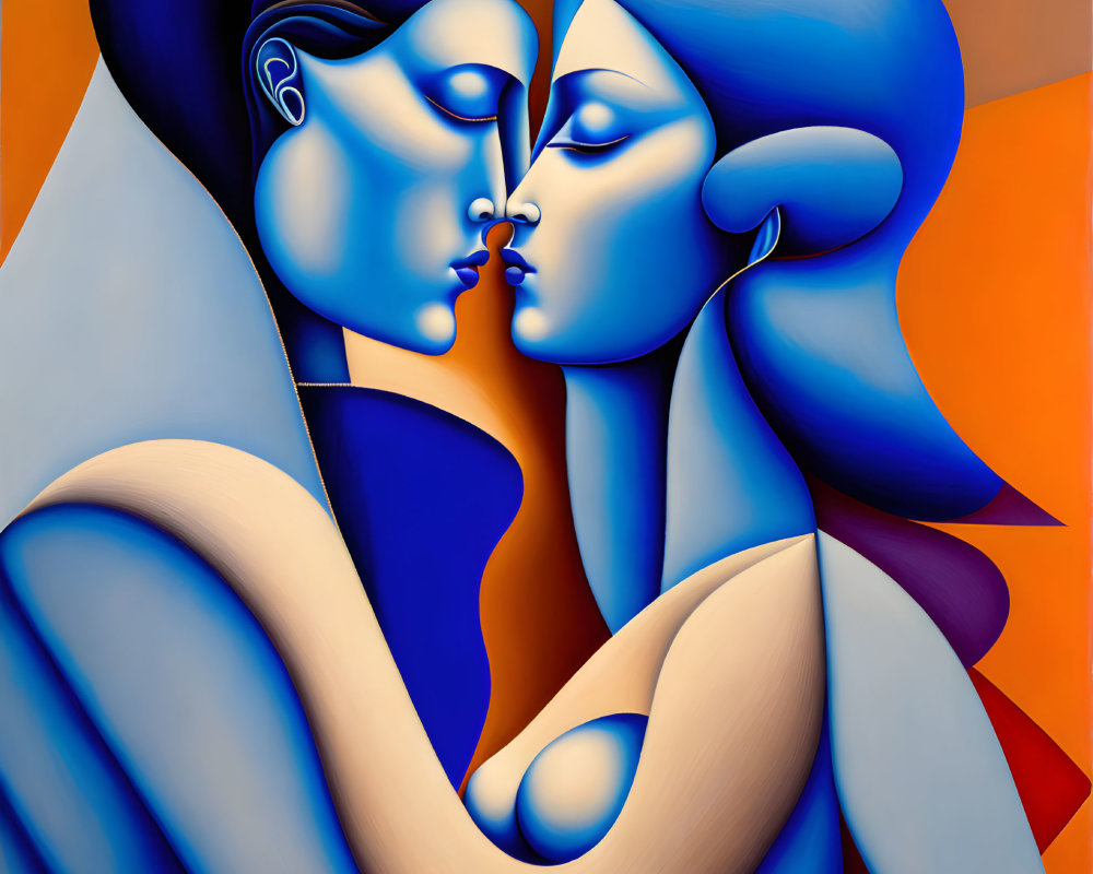 Blue-skinned figures embracing in Cubist art style on orange background