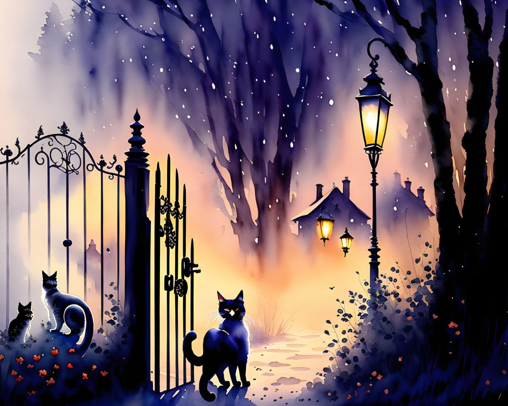 Illustration of three cats near ornate gate at dusk