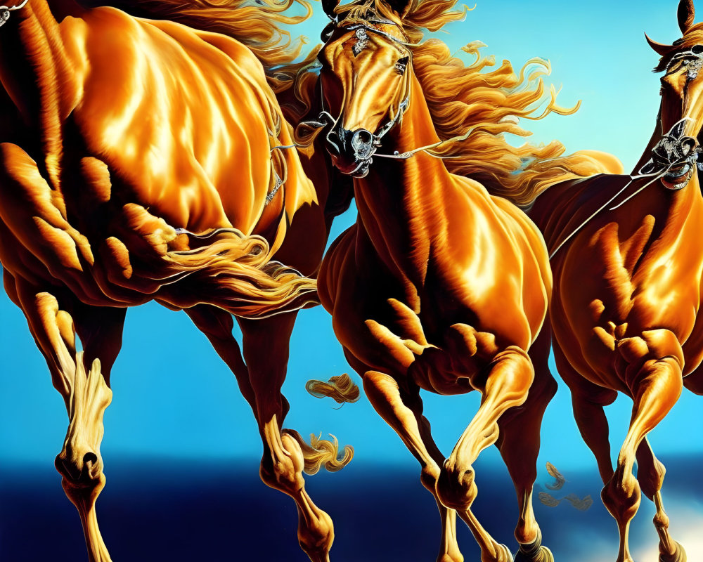 Majestic fiery-maned horses galloping in surreal blue landscape