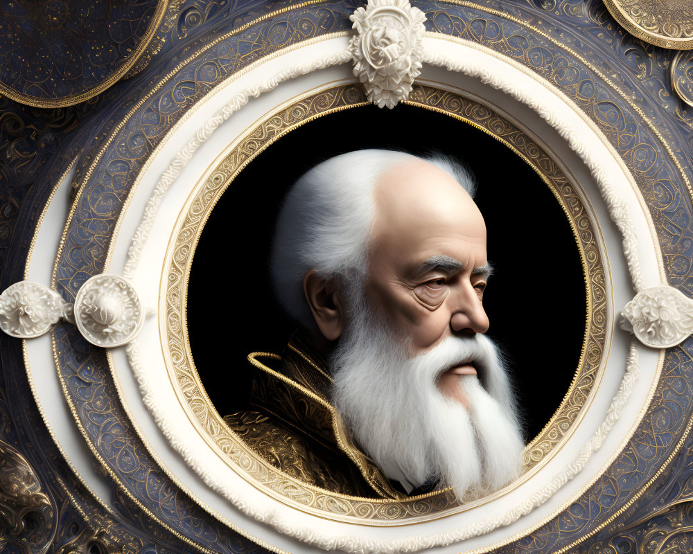Detailed Illustration of Elderly Bearded Man in Regal Pose within Ornate Circular Frame