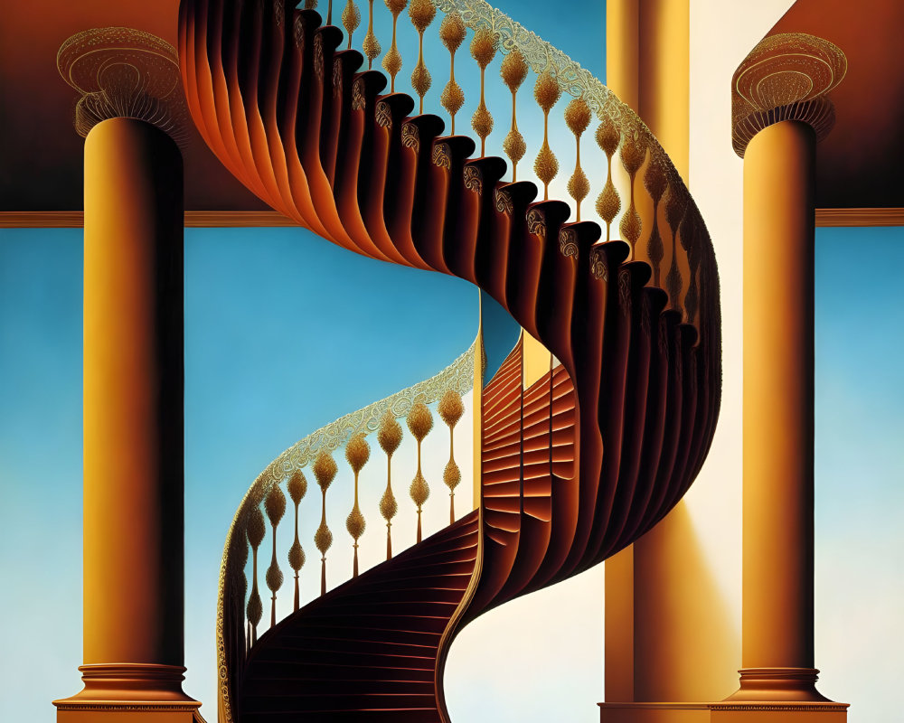 Surreal looping staircase between columns under blue sky