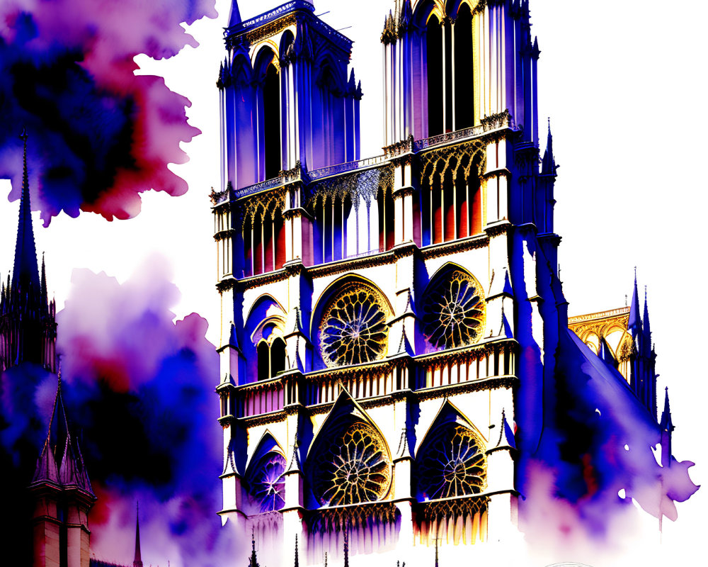 Colorful Gothic Cathedral Illustration with Twin Towers and Rose Windows
