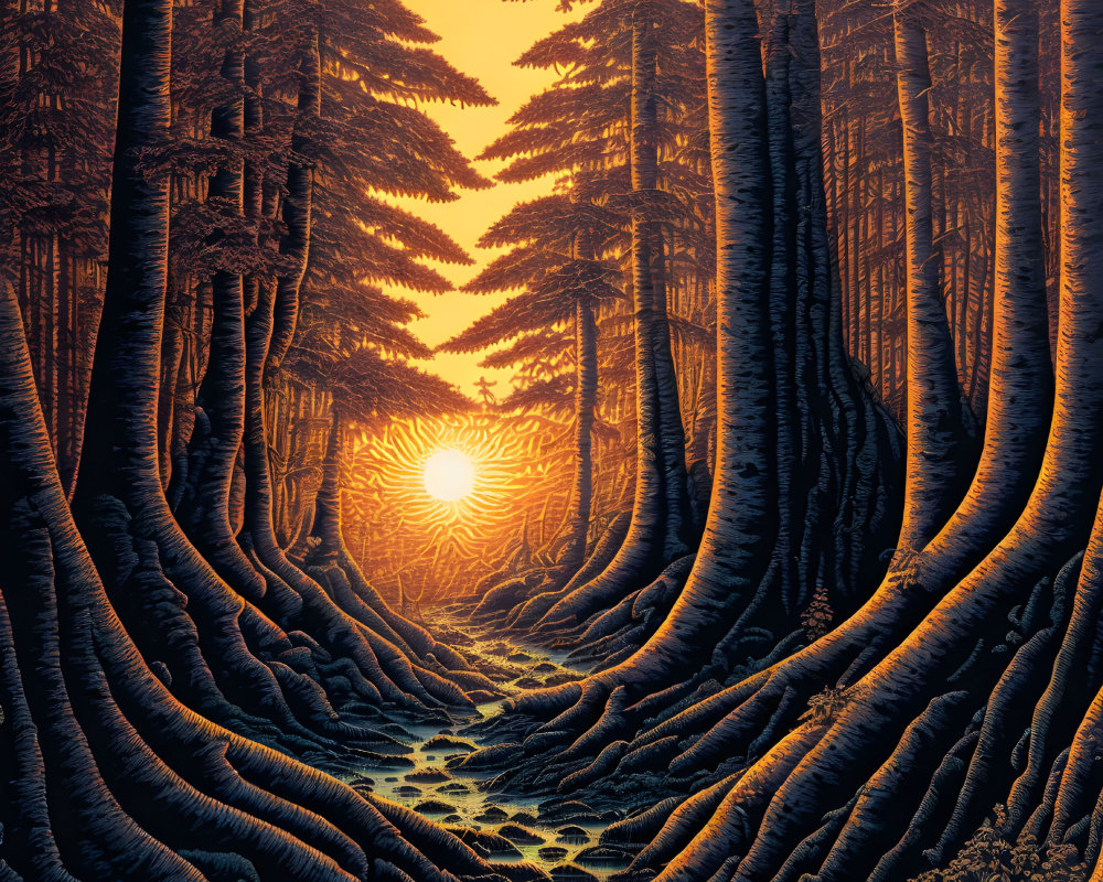 Enchanting forest scene with tall trees, stream, and sunset glow