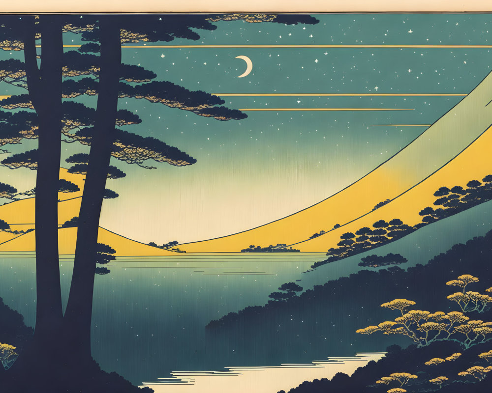 Crescent Moon Over Serene Lake with Trees in Nocturnal Landscape