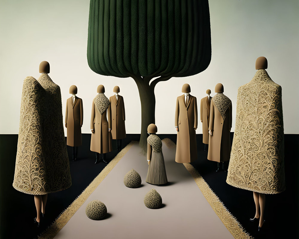 Mannequins in Coats Facing Tree with Spheres and Lightbulb