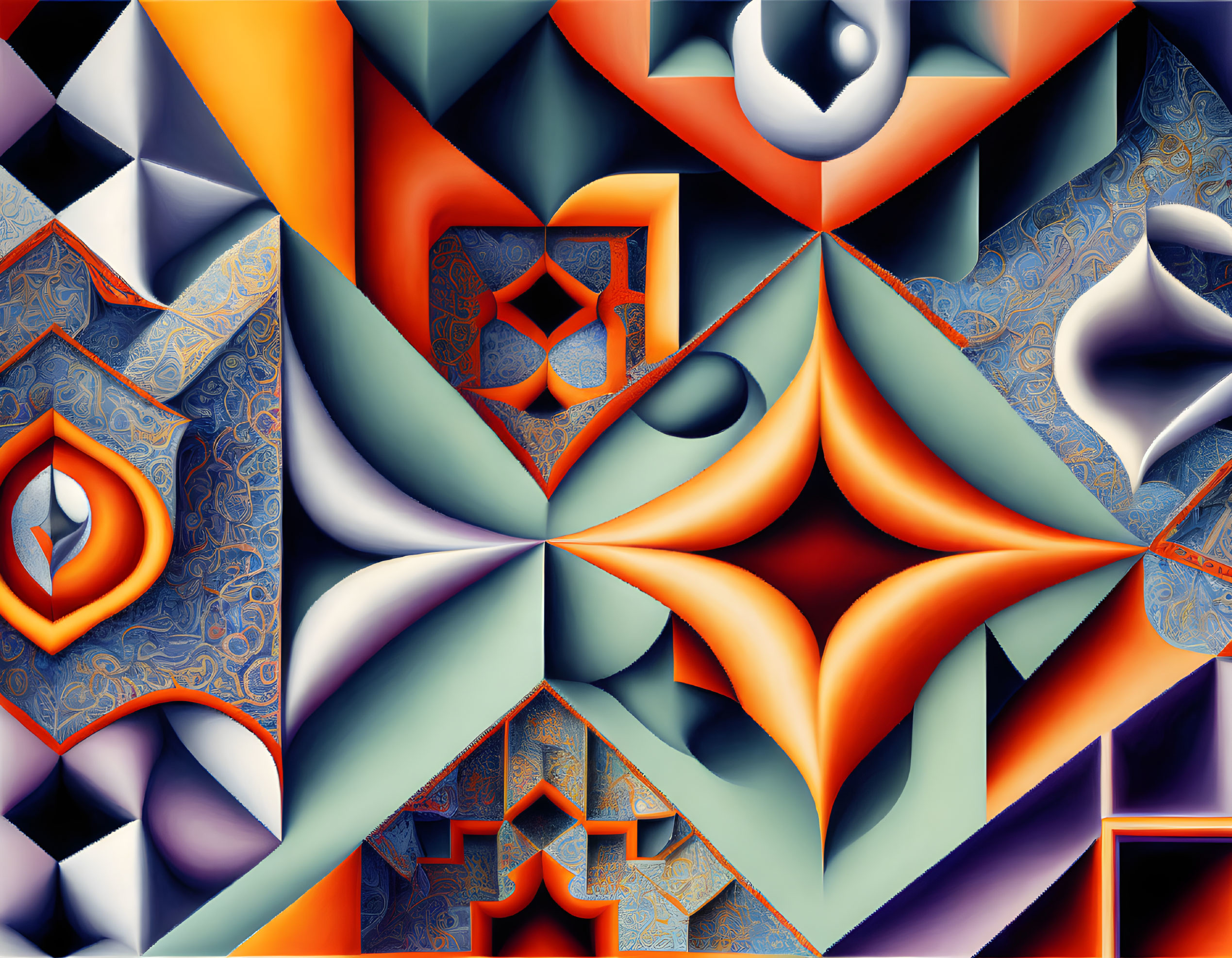 Vibrant Orange, Blue, and White Geometric Kaleidoscope Art