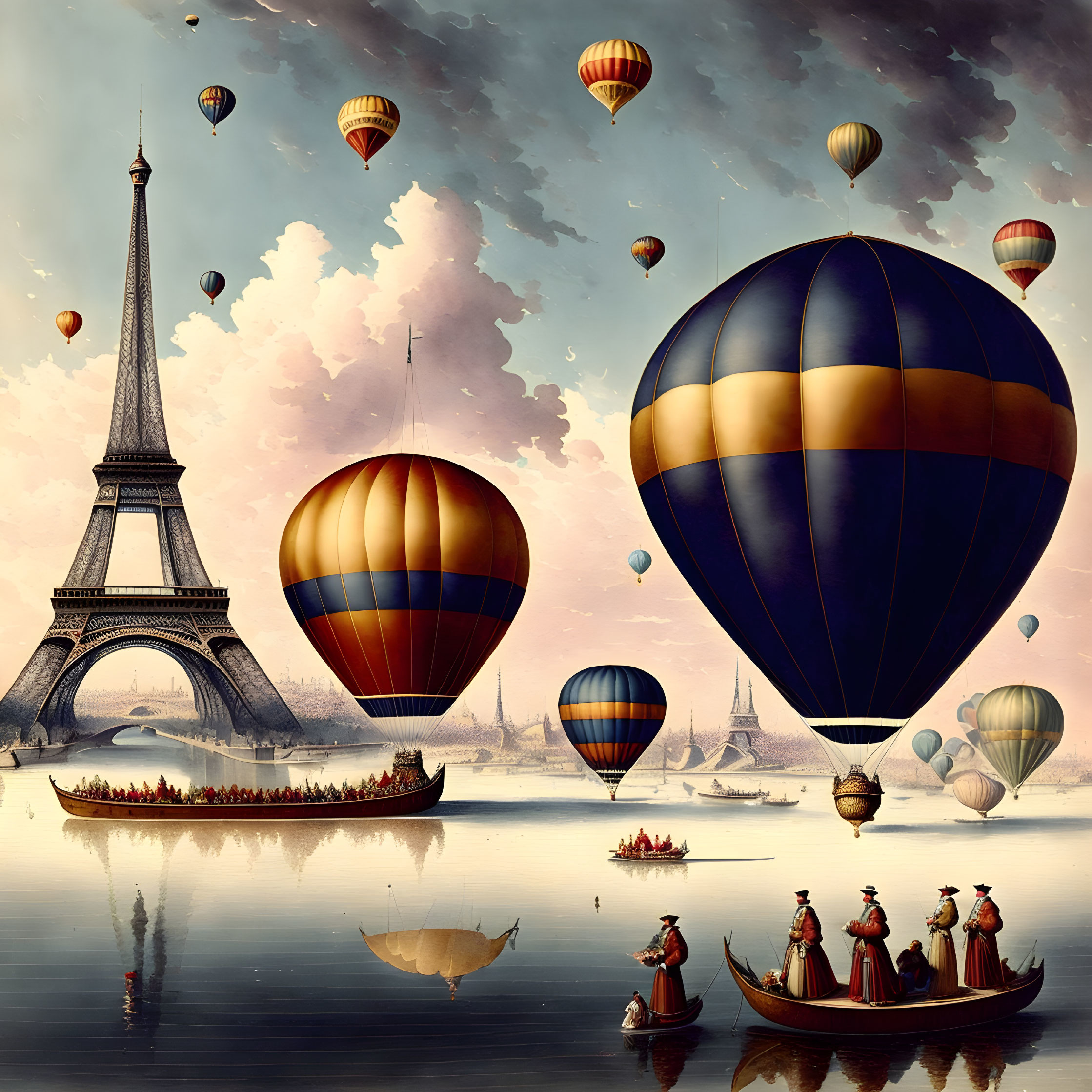 Surreal artwork: Eiffel Tower, hot air balloons, elegant figures on water