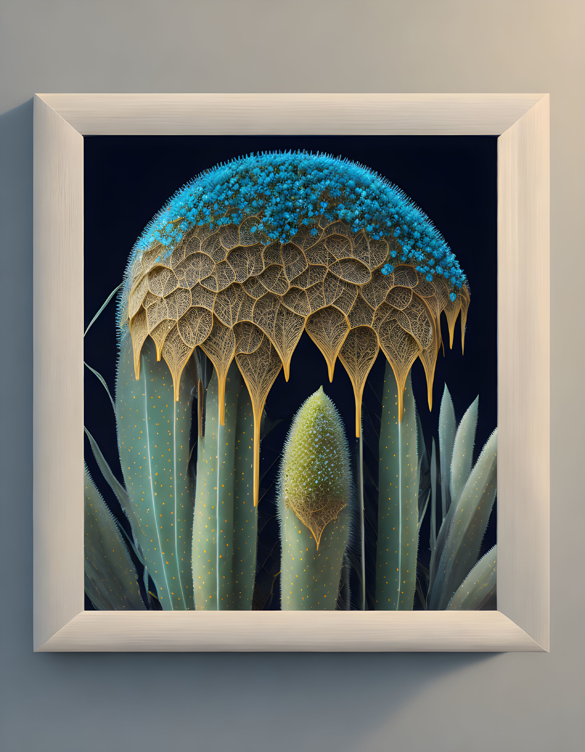 Stylized semi-abstract cactus art with textured dome top and blue dots on plain background