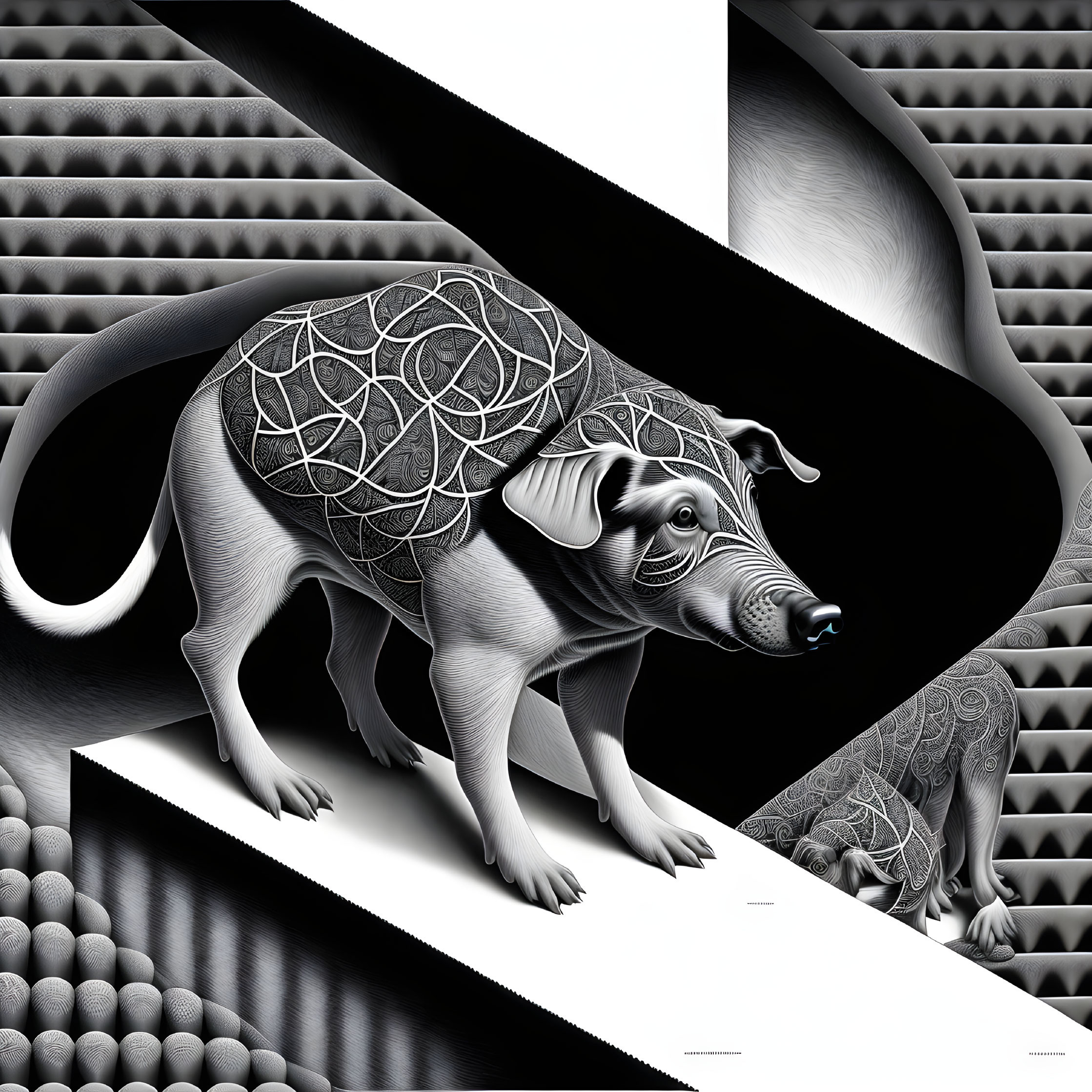 Stylized dogs with intricate patterns on black and white geometric background