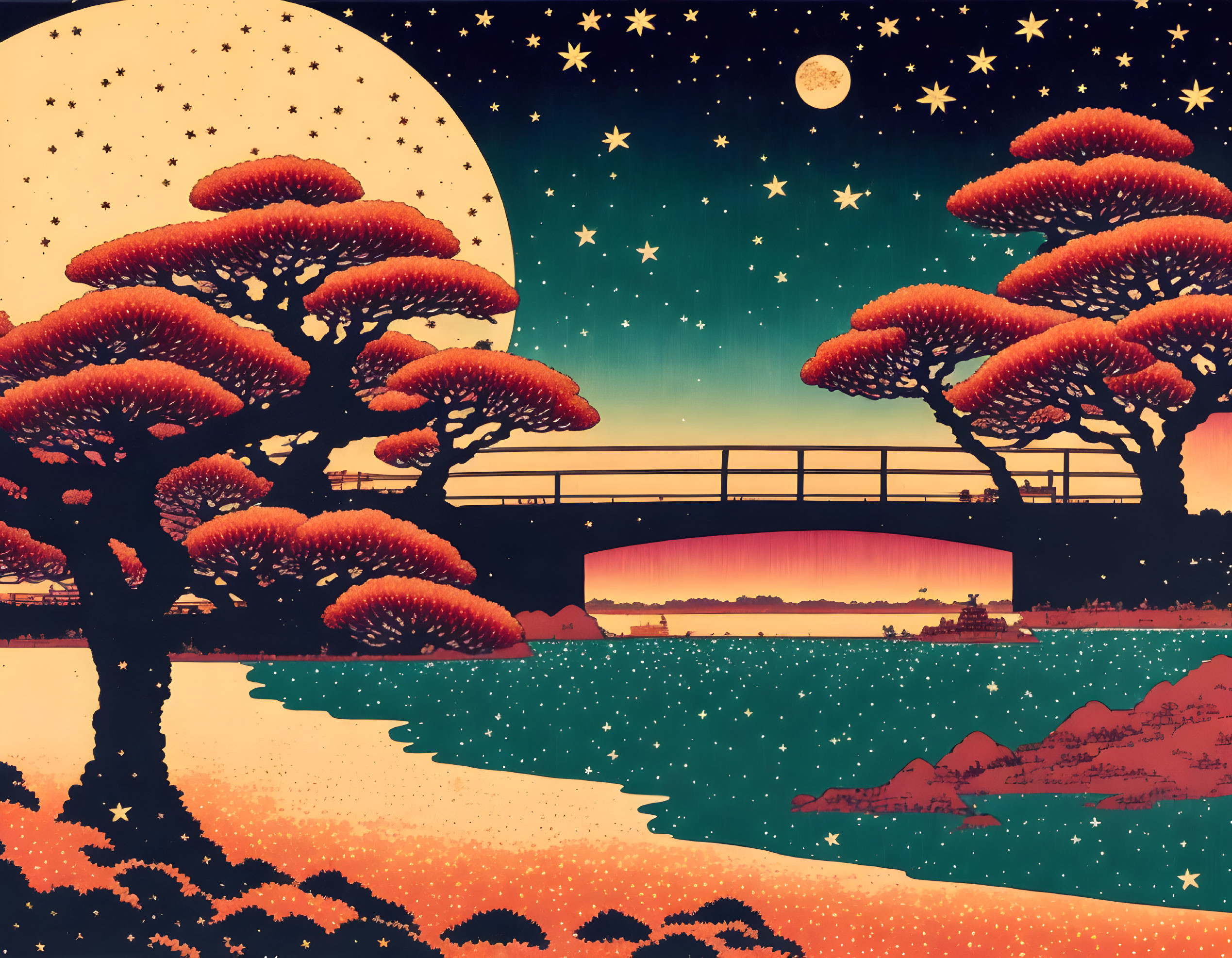 Japanese woodblock print style: Red foliage trees, bridge, starry night sky, large moon.
