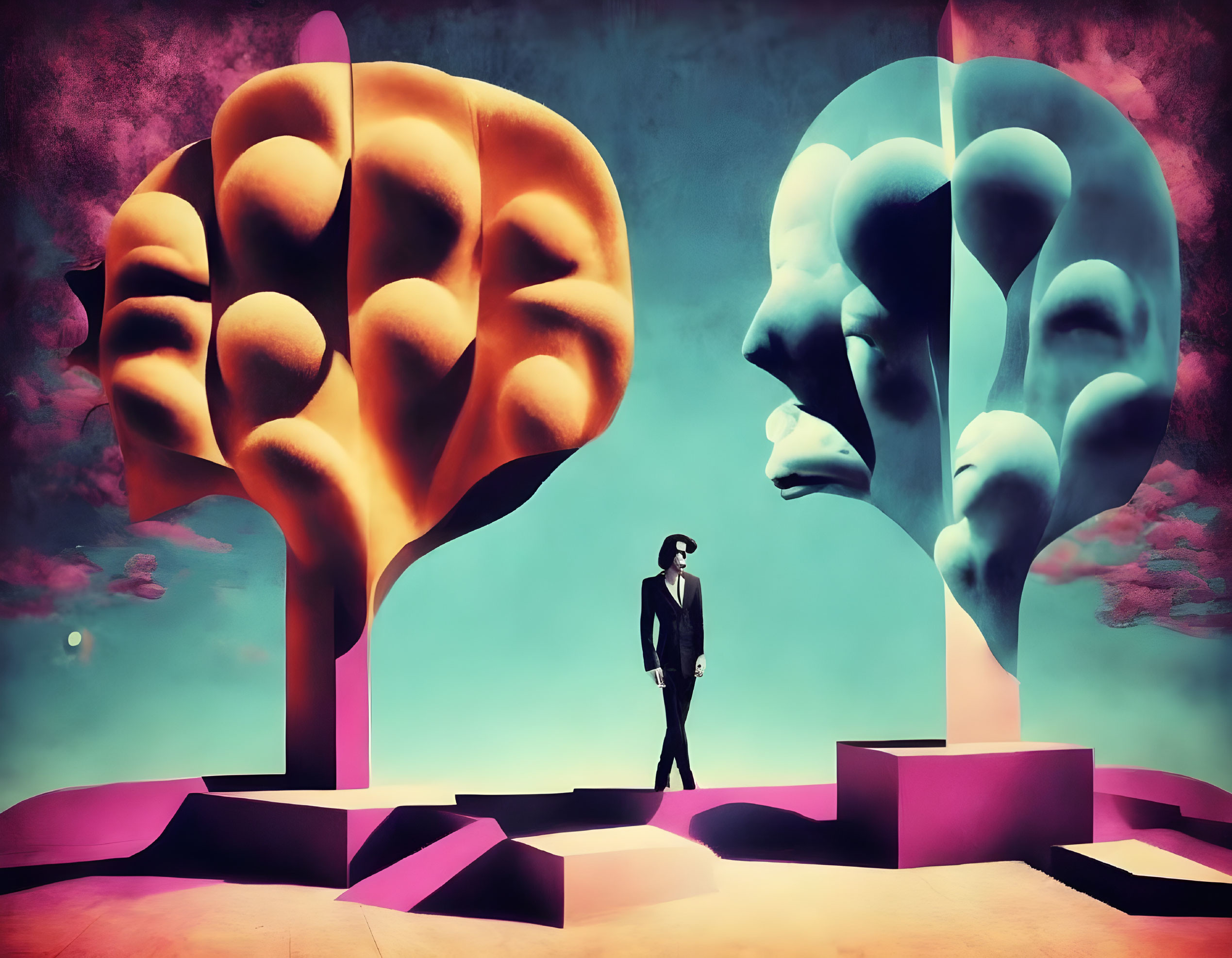 Man in suit between brain-shaped trees in surreal setting