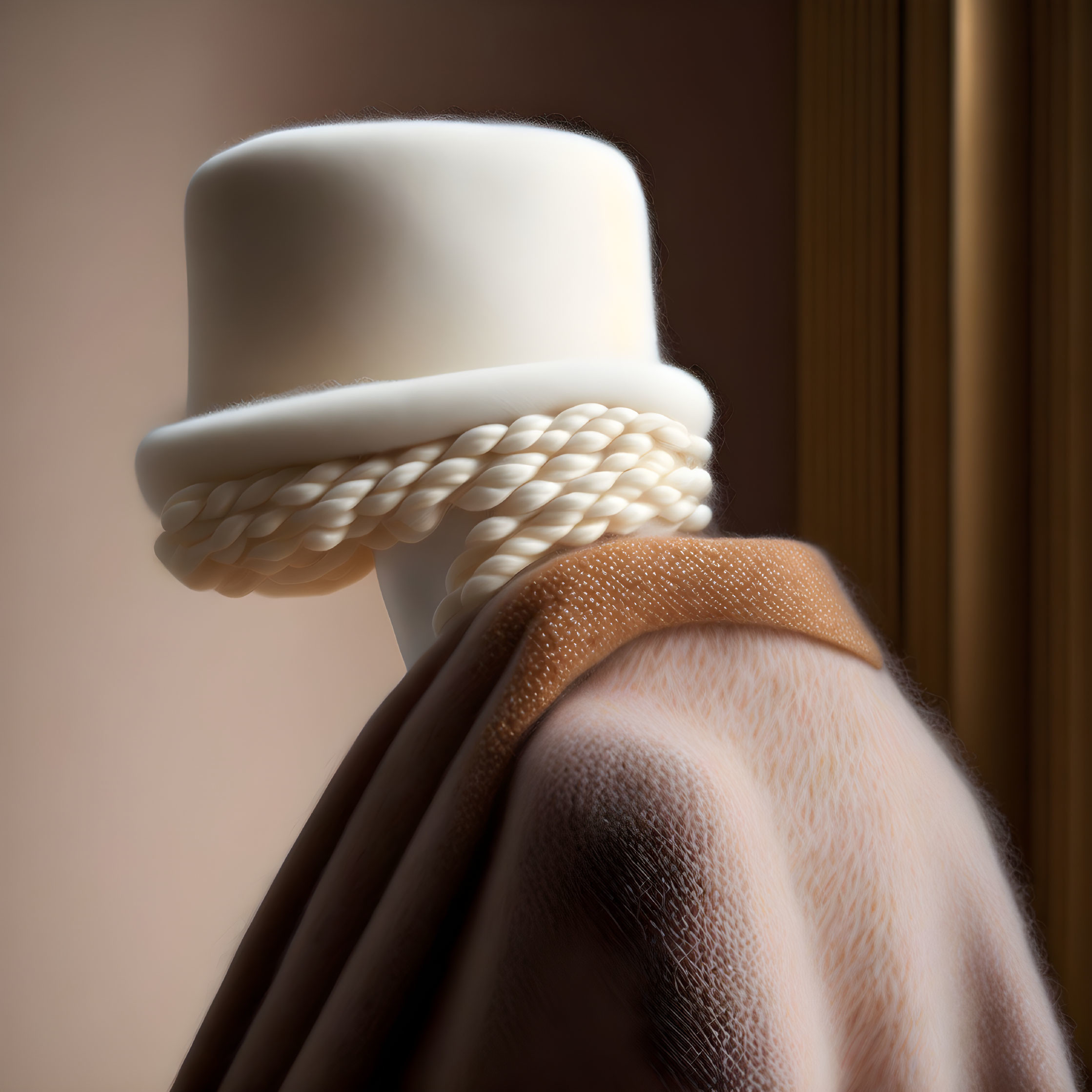 Digital artwork: Bald figure in white hat & beige scarf on brown background