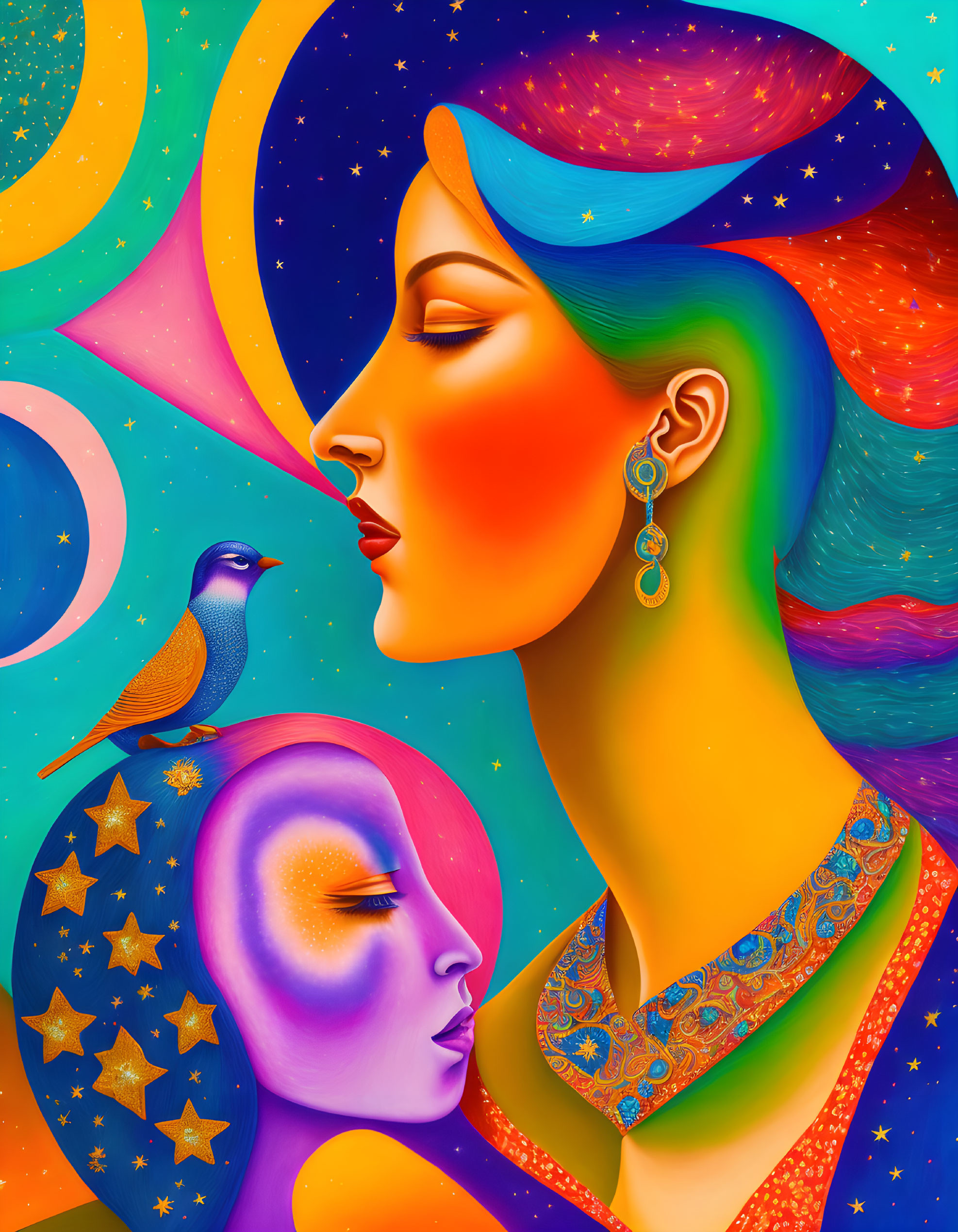 Colorful Cosmic Illustration of Two Female Figures with Bird and Celestial Elements