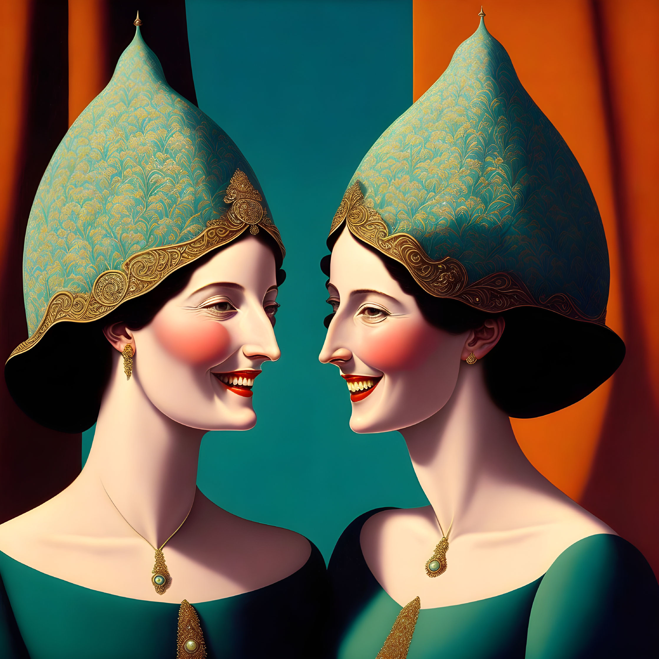 Two smiling women with ornate headdresses in teal dresses on brown and orange background