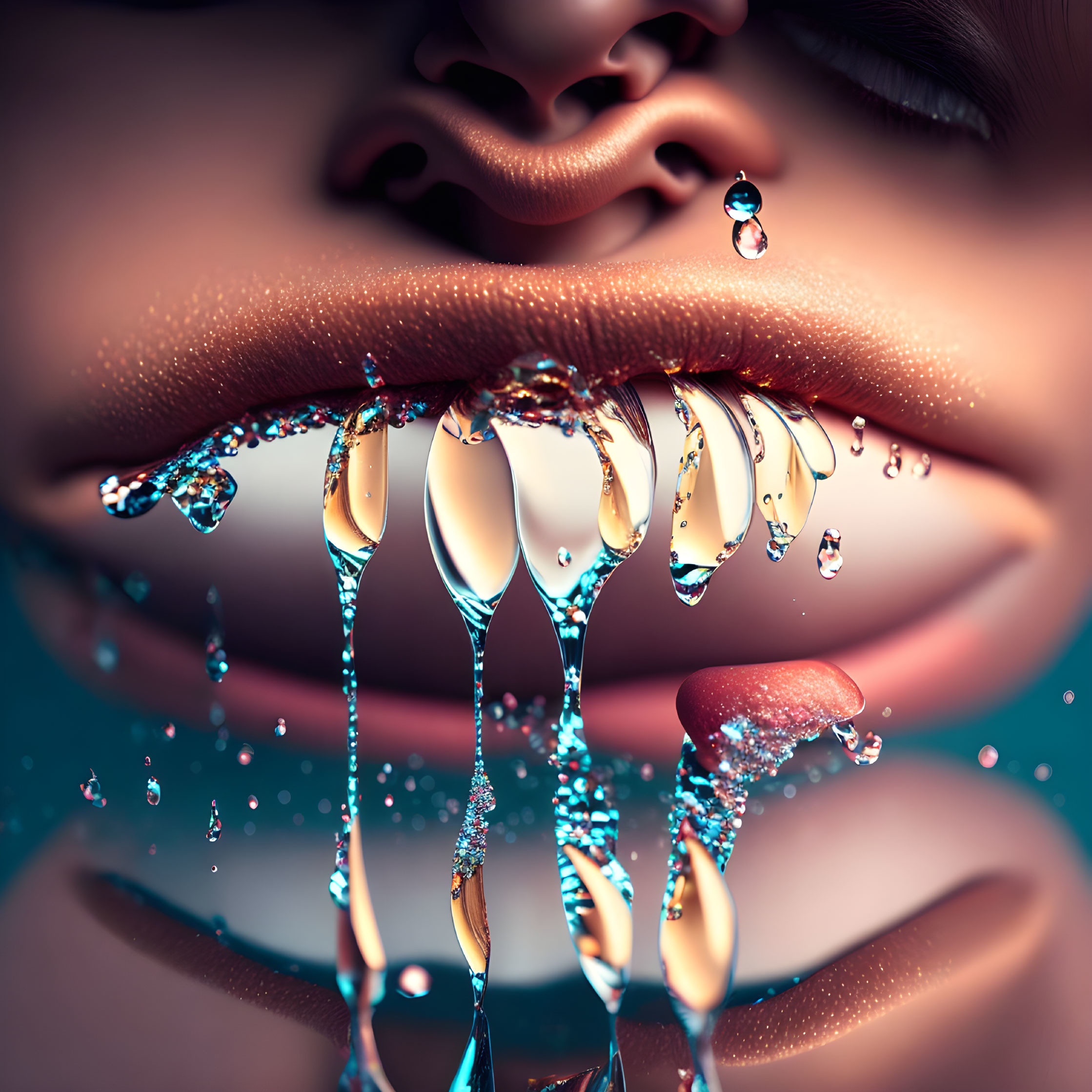 Macro shot of liquid droplets on glossy lips