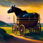 Large bull on cart in grassy field under yellow sky with birds and cows.