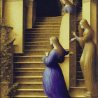 Three Women in Flowing Robes on Ornate Staircase with Golden Patterns
