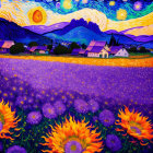 Colorful Starry Sky Painting with Village, Swirling Clouds, and Flowers