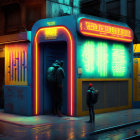 Futuristic ATM with neon signs in urban night scene