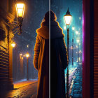 Split scene: Person in coat under yellow streetlights in snowfall, and blue lights with floating sparks