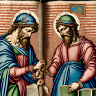 Illustration of figures in blue and gold robes with ancient text background