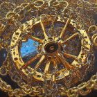 Golden 3D-Rendered Sprocket Wheel with Metallic Chains on Dark Background