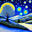 Starry Night Painting: Glowing Moon, Solitary Tree, Snowy Hills