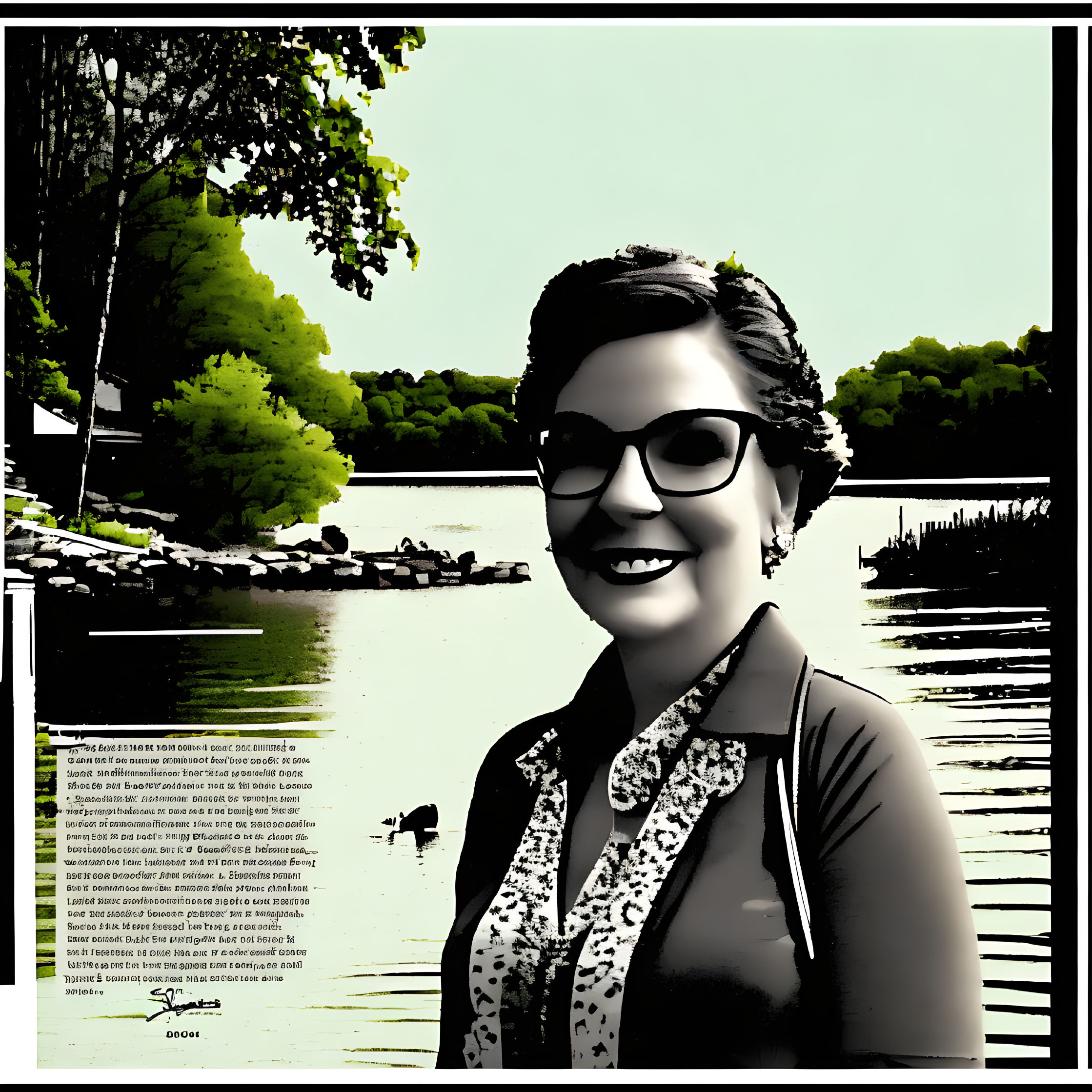 Smiling woman with glasses by serene lake and ducks