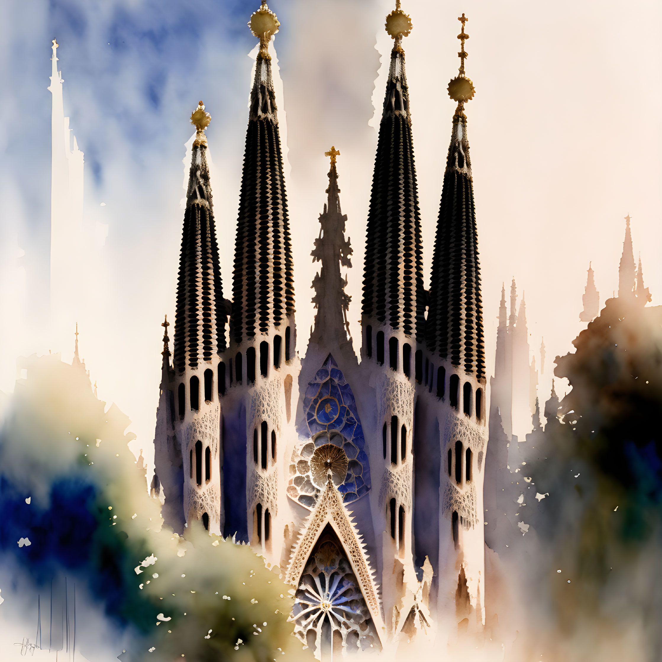Misty clouds surround Sagrada Familia in warm color palette