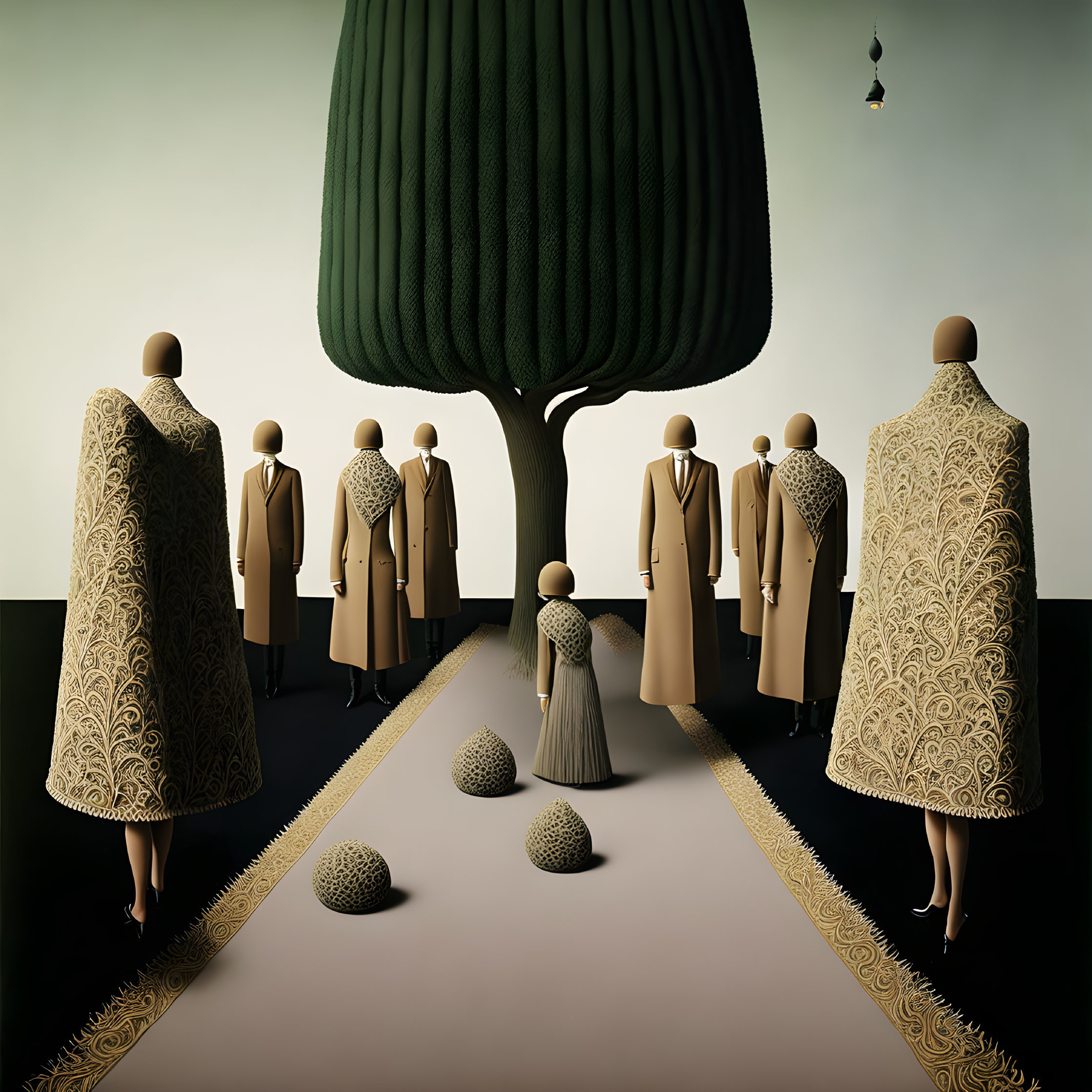 Mannequins in Coats Facing Tree with Spheres and Lightbulb