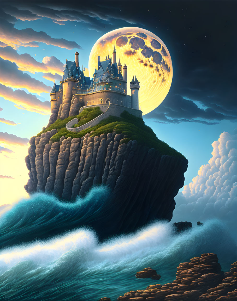 Castle on Cliff at Twilight with Moonlit Waves