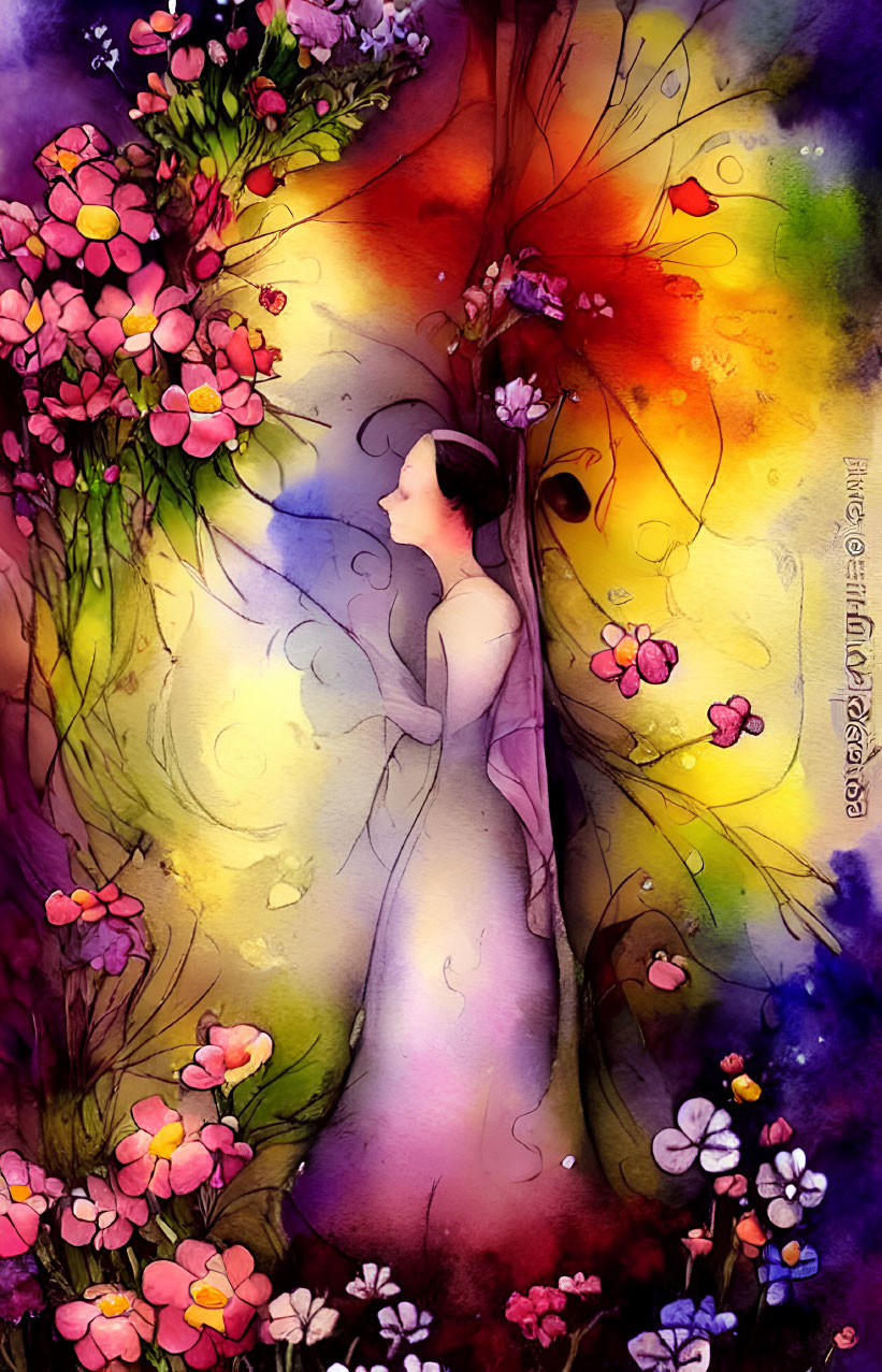 Colorful Woman Illustration Blending with Floral Background