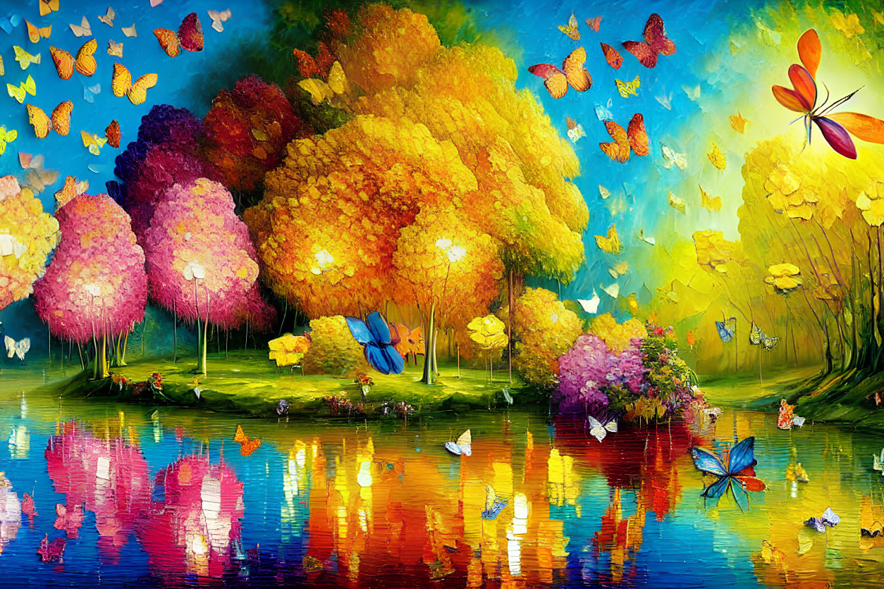 Colorful forest painting with reflective water and fluttering butterflies