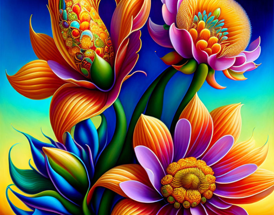 Colorful Stylized Flowers Digital Painting on Rich Blue Background