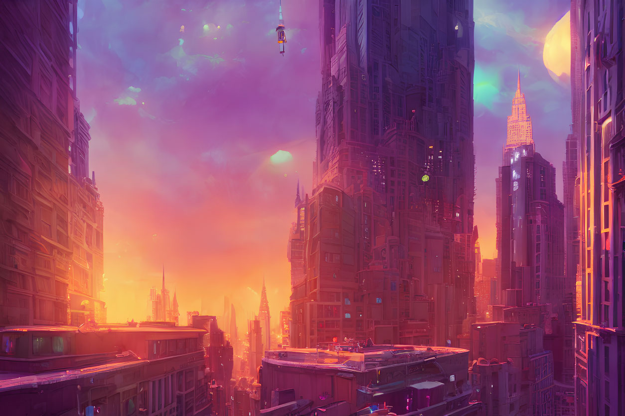 Futuristic cityscape at sunset with skyscrapers and flying vehicles