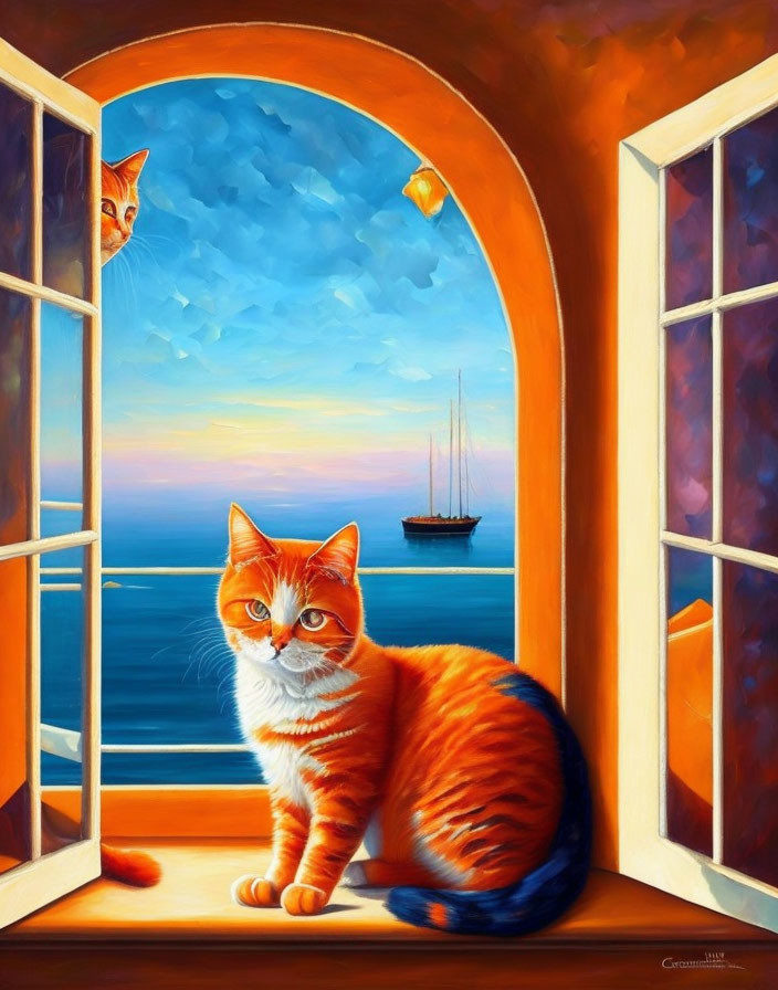 Two cats on windowsill with ocean view and sailboat, twilight sky in background
